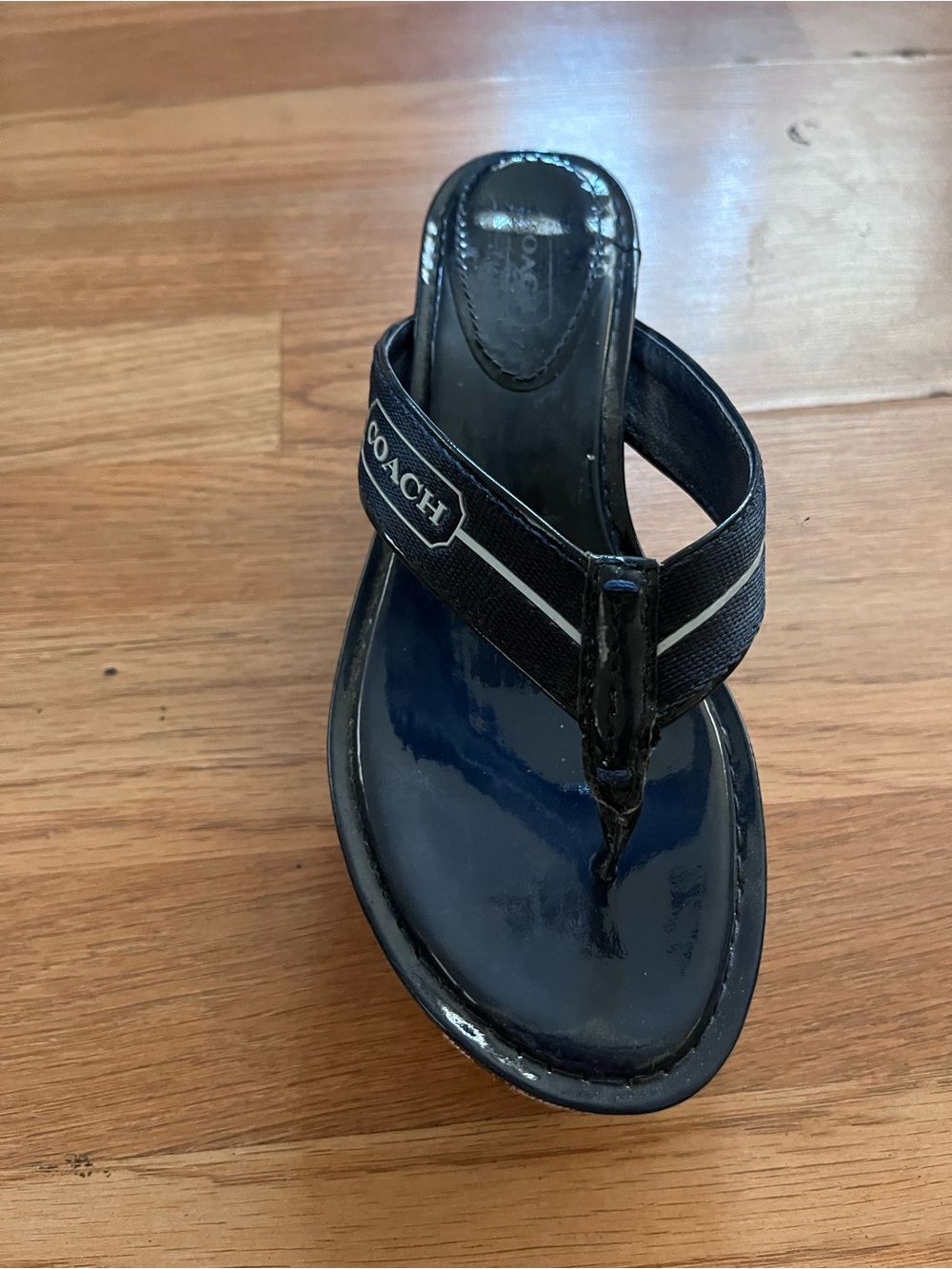Coach Black Patent Leather Logo Wedge Thong Sandals with Monogram Platform - Picture 3 of 7